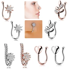 4-8pcs CZ Fake Nose Rings Hoop Faux Septum Piercing Non-Piercing Nose Clip-On