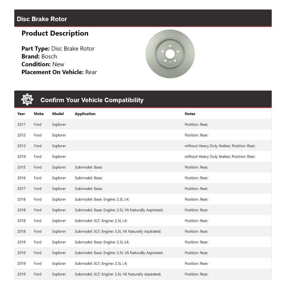 Rotor de freno de disco trasero QuietCast para Ford Explorer Bosch 2011-2019 2012 2013 2014 Foto 2 de 4