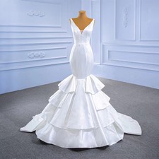 Satin Mermaid Wedding Dresses Simple V-neck Ruffled Bridal Gowns Sweep Train