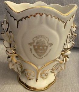 1951 250th Detroit Michigan Birthday Festival Historic White & Gold Ceramic Vase