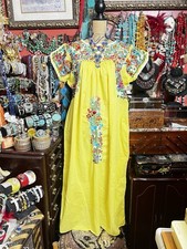 BEAUTIFUL 1970s OAXACA MEXICAN YELLOW MULTI COLOR EMBROIDERY COTTON DRESS XL