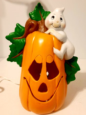 Vintage Halloween 1995 Light Up Ceramic 11" Jack-O-Lantern Pumpkin w/Ghost