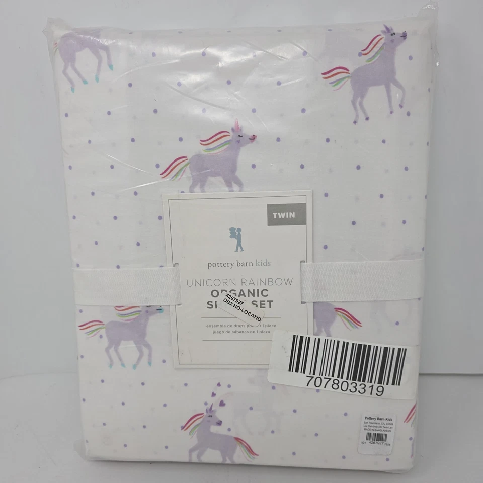 Juego de sábanas orgánicas Pottery Barn Kids unicornio arco iris doble lavanda nuevo Foto 2 de 3