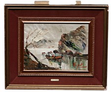 Mino Argento – Mountain Lake With Boats – Oil On Wood Painting Signed Frame
