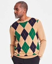 Club Room Argyle Merino Wool Blend Sweater Mens L Tan Multi Long Sleeve Pullover