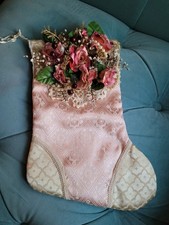 Victorian Peach  Ivory Satin Christmas Stocking w Pink Velvet  Silk Roses