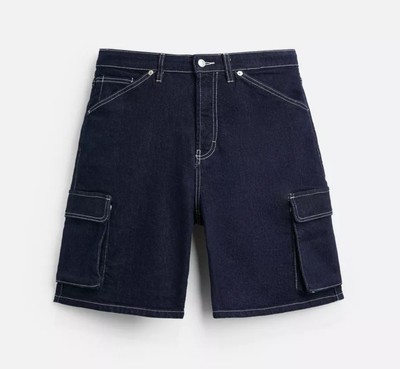 Zara Denim Cargo Bermuda Shorts UK30 Indigo Blue With White