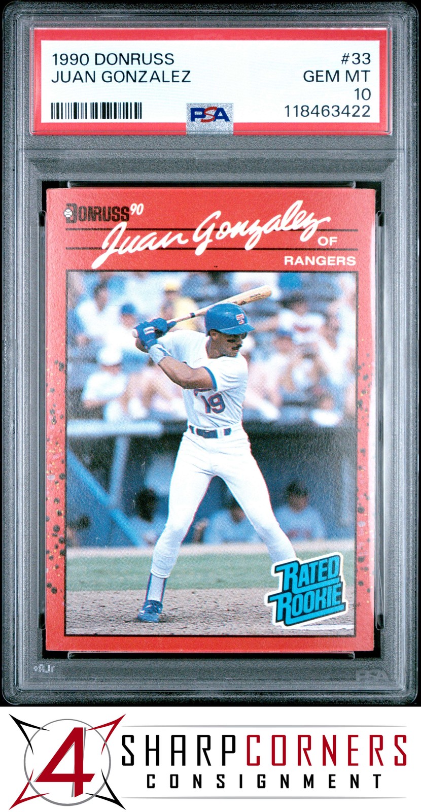 1990 DONRUSS #33 JUAN GONZALEZ RC RATED ROOKIE RANGERS PSA 10