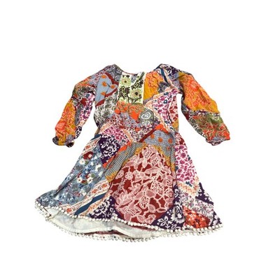 Mimi & Maggie Kids Patchwork Boho Pom Pom Dress Size 5