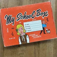 Vintage 1960s My School Box Classroom Pencil Box Filled Supplies Toys USA 