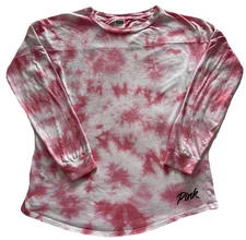 🤍🩷Victoria's Secret PINK Logo Long Sleeve T-Shirt-Pink & White Tie-Dye-Size XS
