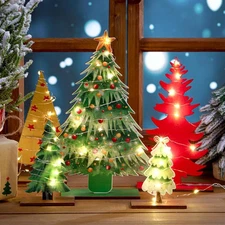 Thyle 5 Pcs Wooden Christmas Trees Tabletop Decor Red, Green, Gold 