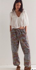 Free People Pretty Rebel Camo Pants Cargo Smocked Tie Blue Olive Brown S NWT
