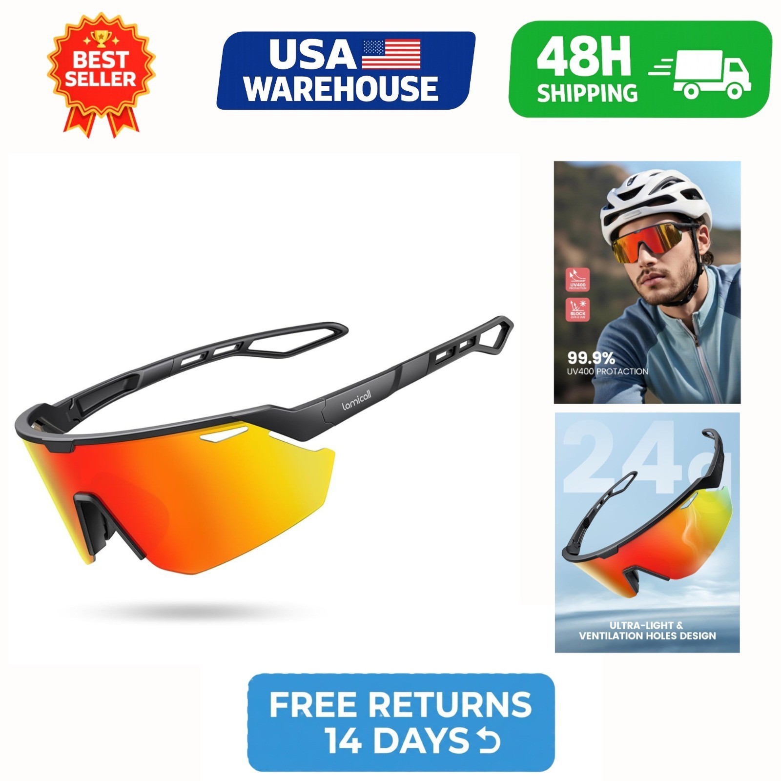 Lamicall Polarized Sports Sunglasses UV400 Black Frame Orange Lens 24g