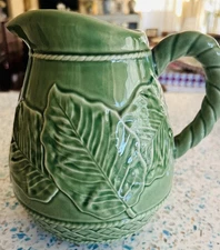 Vintage green  ceramic pitcher Leaf Portugal Majolica