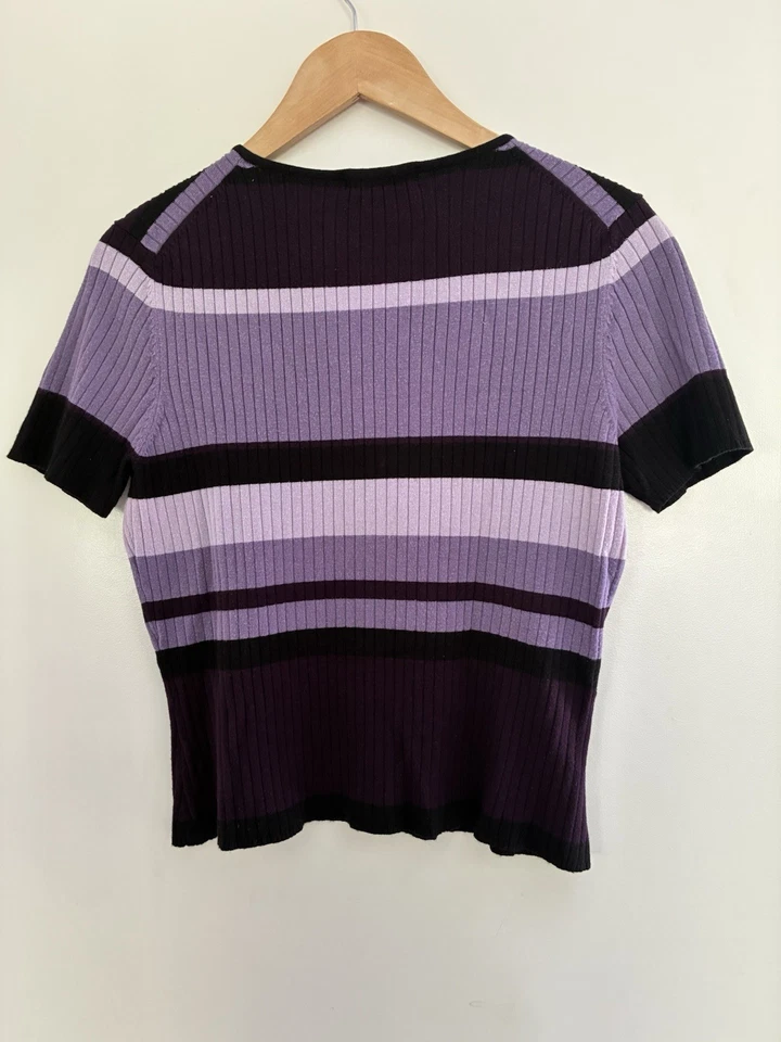 Karen Scott Petite Women Striped Rayon Blend Ribbed Short Sleeve Shirt Purple PM - Image 3 of 4