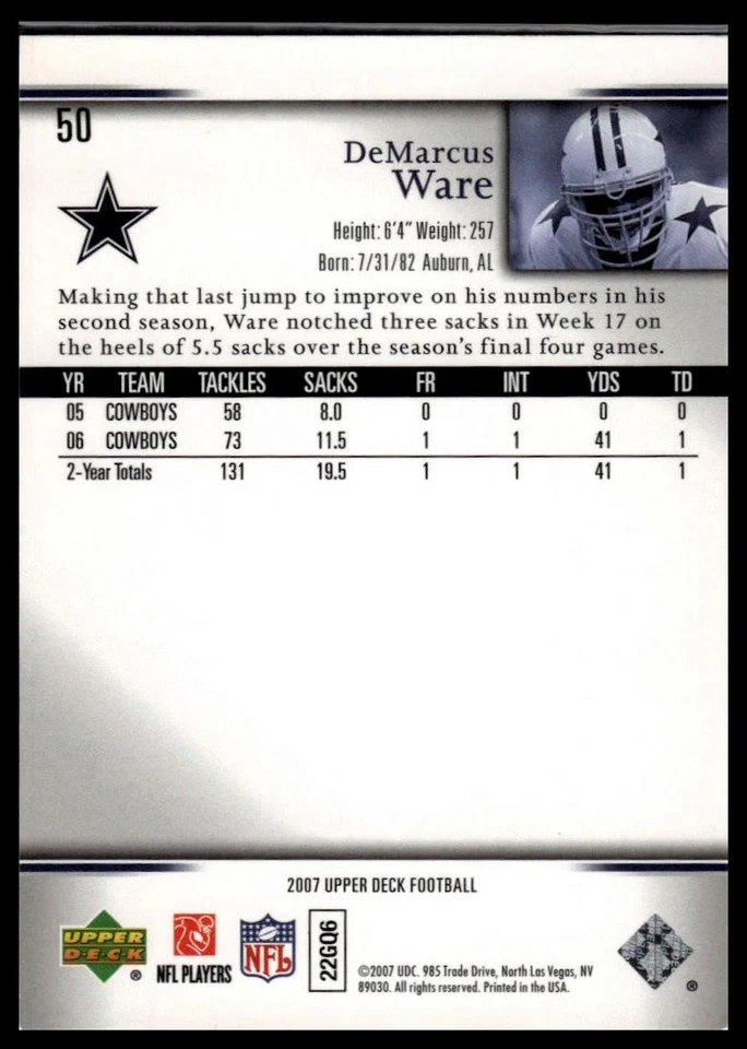 2007 Upper Deck #50 Demarcus Ware - Image 2 of 2
