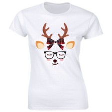 Cute Reindeer with Glasses and Plaid Bow T-Shirt for Women Christmas Holiday Tee