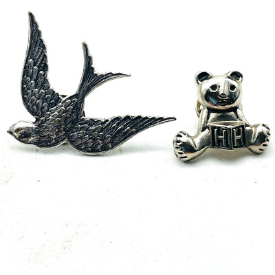 Silver Tone Animal Brooches Lot of 2 Flying Swallow Bird Sitting Teddy Bear