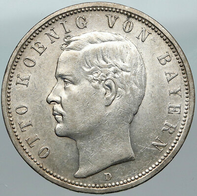 1913D GERMANY Bavaria Ruled by Otto I w Eagle Antique Silver 5 Marks Coin i88392
