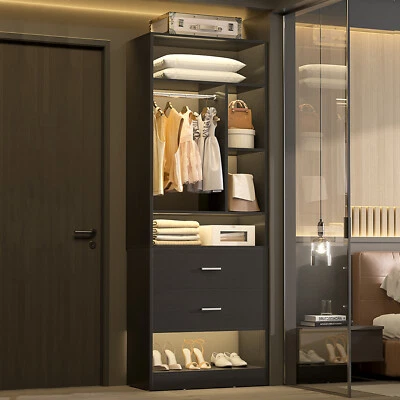 HOMIEASY 24" Wooden Closet System with 2 Wood Drawers & 6 Storage Shelves & 1 Hanging Rod