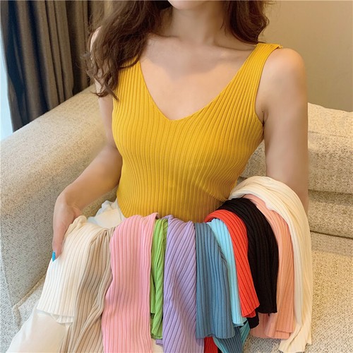 V-neck Knitted Ice Silk Sleeveless Top Thin Vest Knit Sweater Women Sexy Slim FT - Picture 12 of 13