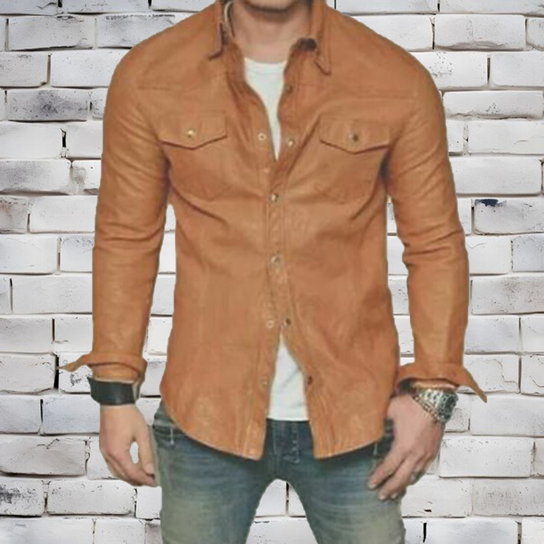 Men Genuine Tan Lambskin Leather Shirt Premium Vintage Collared Button Jacket