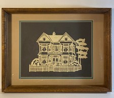 Scherenschnitte of 2 Story Home/Picket Fence Hand Crafted Matted  Framed