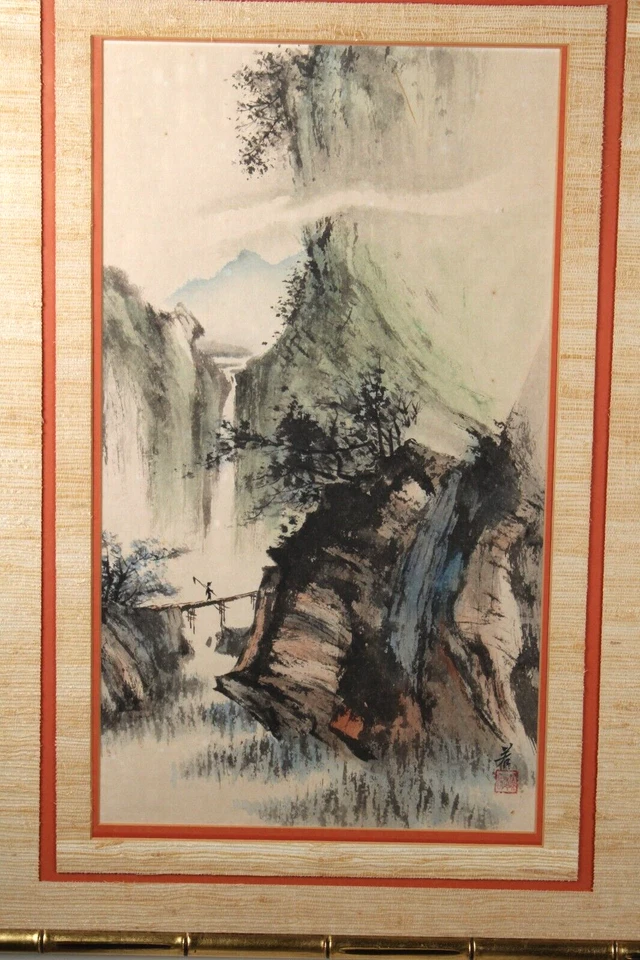 Antigua pintura de acuarela de hombre en puente de montañas chinas sobre papel de arroz firmada Foto 2 de 4