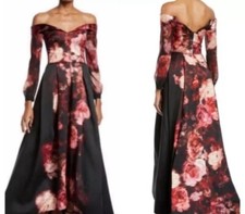 David Meister Off The Shoulder Long Rose-Print Floral Gown Formal Dress Sz 4 NWT