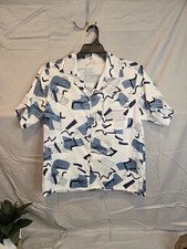 Duolin Women's Button Up Short Sleeve Blouse White Blue Geometric Pattern Size M