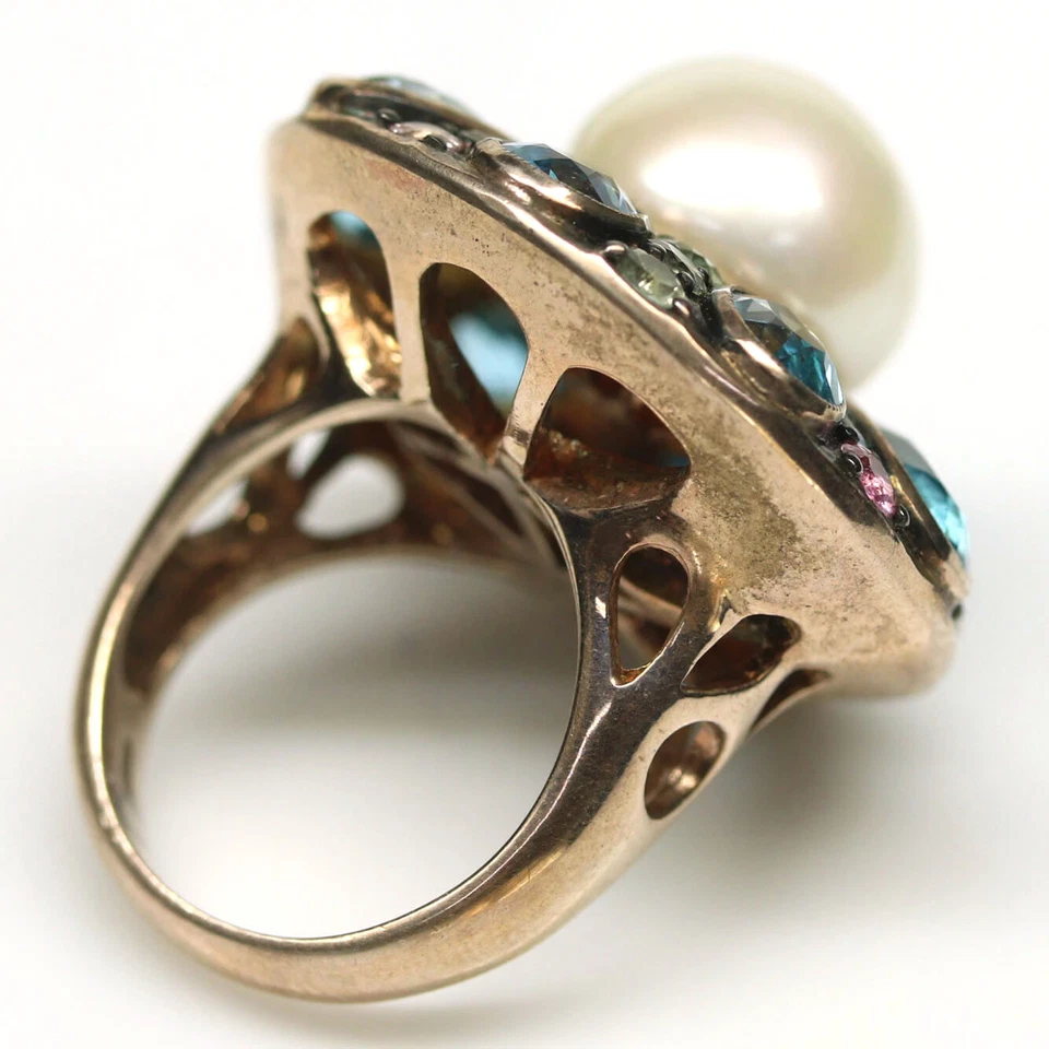 925Silver 12 mm. White Pearl , Topaz, Peridot & Sapphire Jewelry Ring Size 7.75 - Image 3 of 4