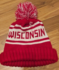 Vintage Mid Century Wisconsin Red White Winter Beanie Pom Pom One Size Adult