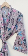Indian Cotton Grey Butterflies Kimono Bath Robes Night Maxi Gown Kimono Robes US