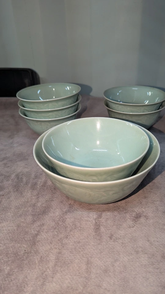 Hermoso juego de 7 cuencos de porcelana Longquan vintage chinos esmaltados verdes TT48 Foto 2 de 3