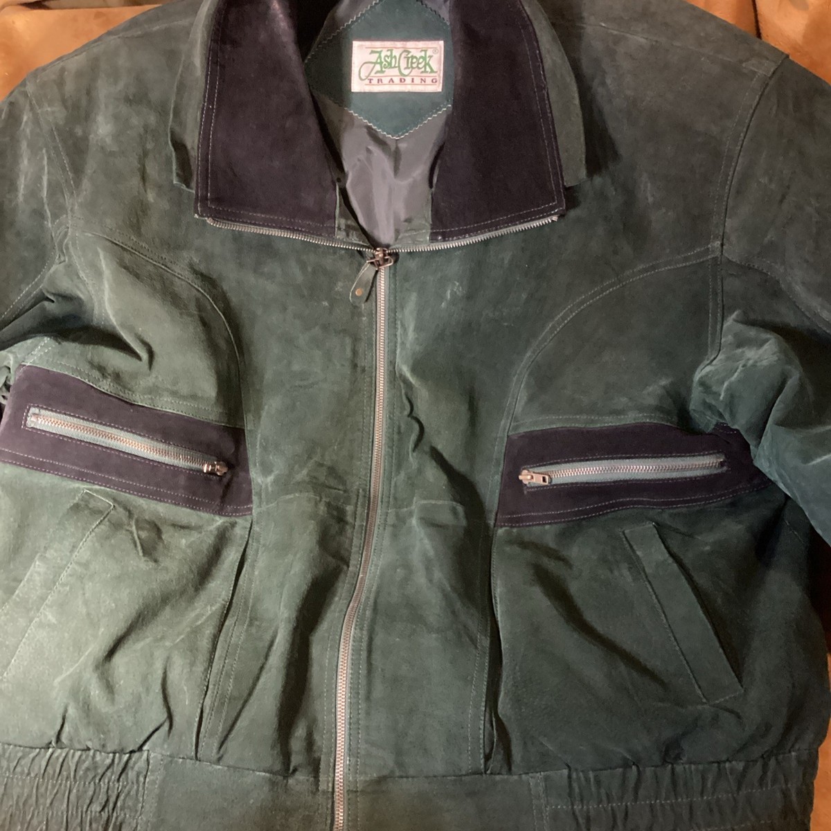 Vtg Ash Creek Trading Jacket Mens 2X Dark Green Suede Leather 