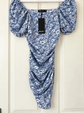 Nasty Gal Blue & White Floral Ruched Mini Dress Size 10 New With Tags
