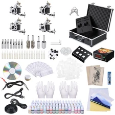 Complete Tattoo Machine Kit 4 Guns 54 Ink Power Supply Needles Grip Tip w/ Case