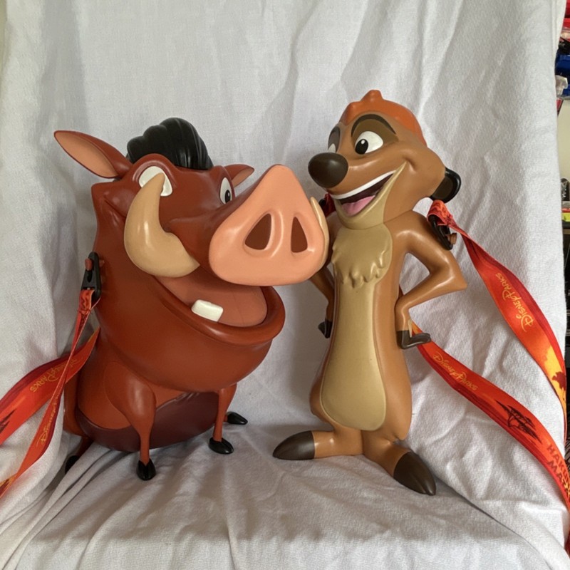Disney Parks Timon & Pumbaa Souvenir Sipper and Popcorn Bucket with Red Lanyards