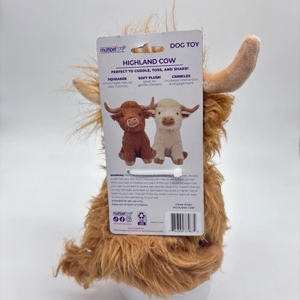 Multipet 9" Highland Cow Dog Toy Squeaker Cuddle Toss Brown  Soft Plush NWT - Image 3 of 4