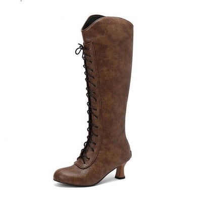 Vintage Women's Casual Party Western Knee High Boots Back Zip Faux Leather Shoes
