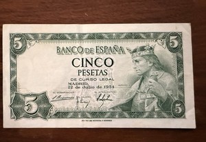 5 Cinco Pesetas Banco de Espana 1954 Alfonso XF AU