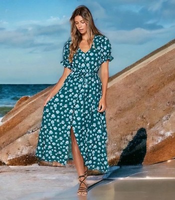 Outerknown Women s XS Kira Dress Green Floral Maxi Puffed Sleeves Flowy $248