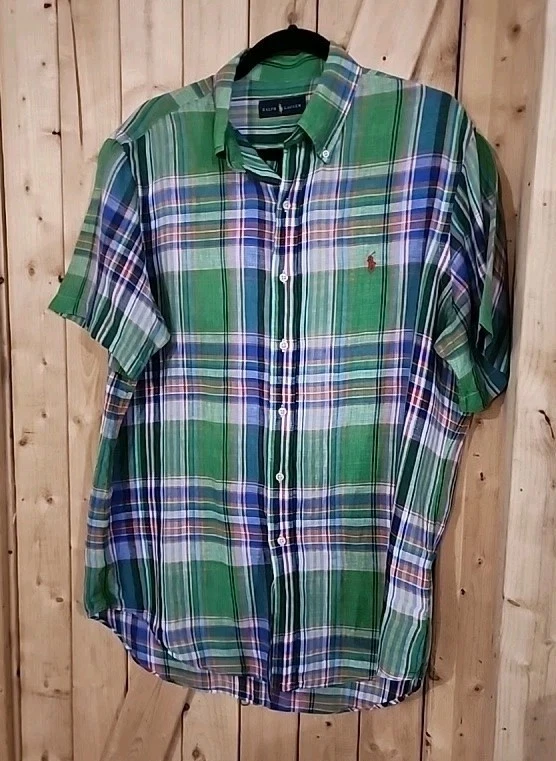 Polo Ralph Lauren Men's Linen Shirt Plaid Short Sleeve Button Down L Preppy Reso