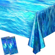 2 Pcs Iridescent Ocean Waves Tablecloths Disposable Plastic Ocean Blue Table