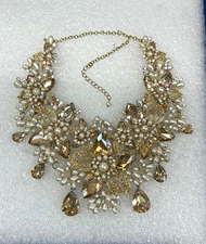 Women's Statement Bib Choker Crystal  Faux Pearl Pendant Necklace   (3)