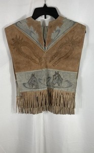 Vintage 70s Western Suede Leather Fringe Vest Tan Gray Horse Horseshoe