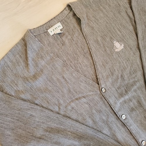 Vintage IZOD 90s Sweater Grandpa Logo Gray Cardigan Crest Men's Tall Size LT - Picture 4 of 11