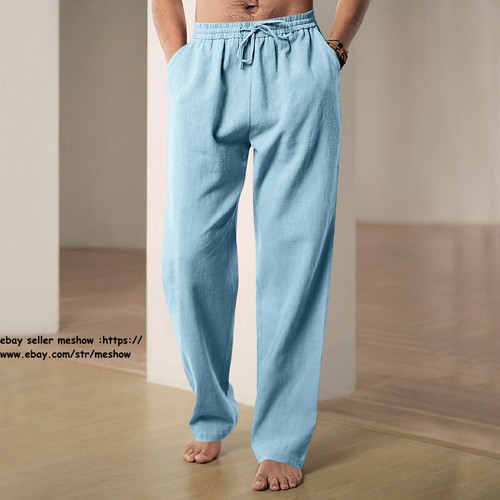 Mens Cotton Linen Loose Trousers Wide Leg Elastic Waist Casual Loose Pants S-3XL - Picture 14 of 55