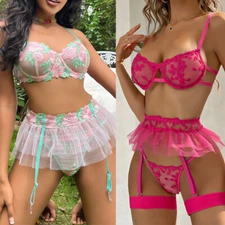 Womens Sexy Lingerie Lace Bra G-String Garter Belt Nightwear Mini Skirt Set US